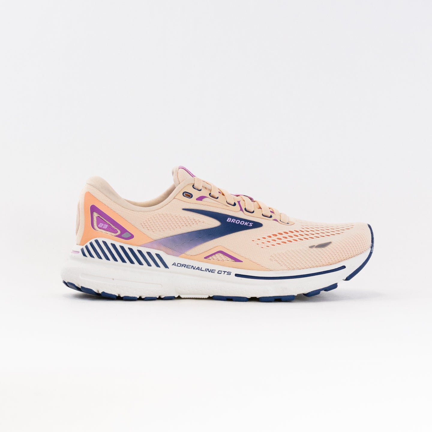 Women's Brooks Adrenaline GTS 23 Running Shoes in Apricot, Estate Blue, and Orchid Colors