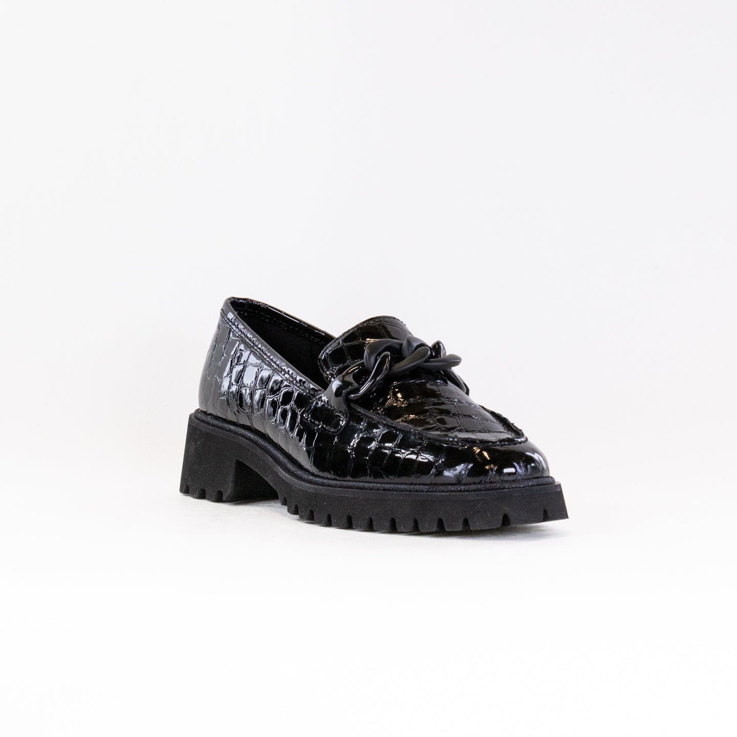 Stylish Women's Black Crocodile Print Ara Kiana Chunky Sole Chain Loafers