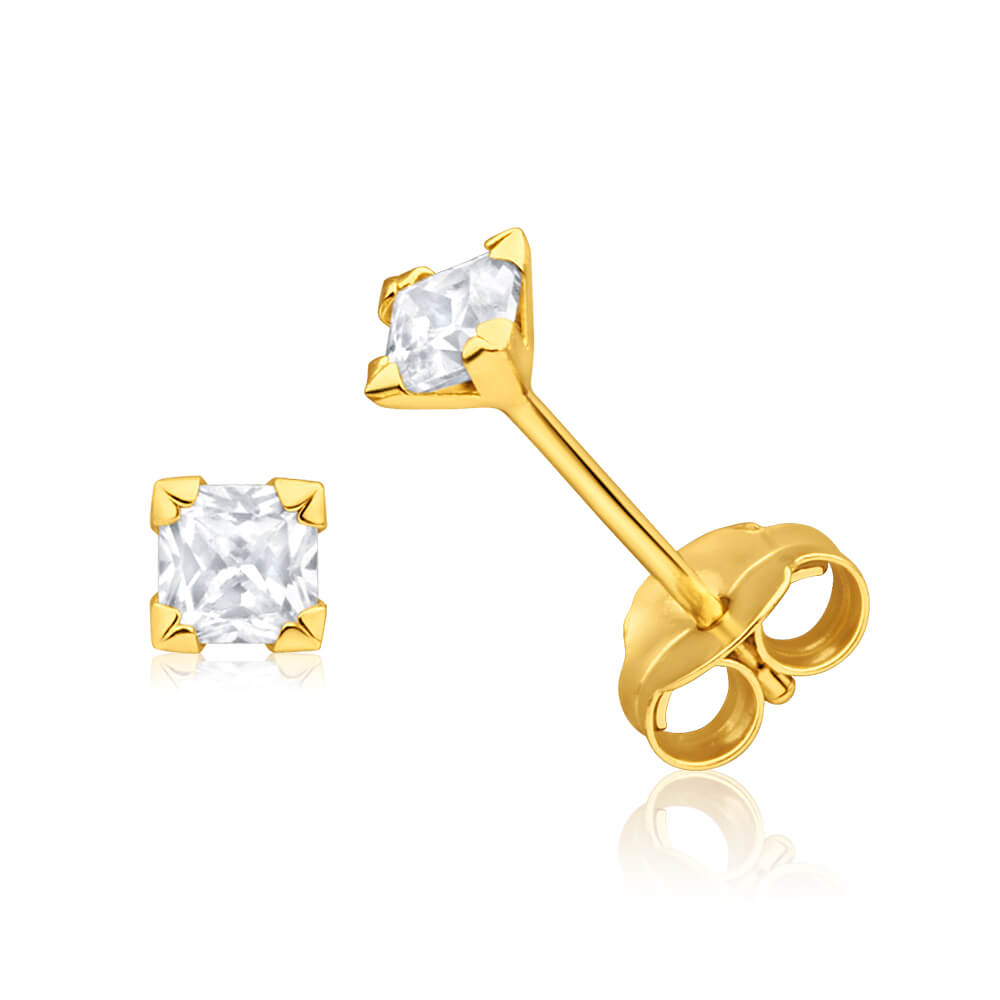9 Carat Yellow Gold Fashionable Cubic Zirconia 3mm Princess Cut Stud Earrings for Daily Wear