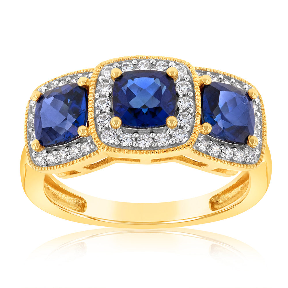 Exquisite 9ct Yellow Gold Ring with Cubic Zirconia and Lab - Created Blue Sapphire for Women's Jewelry Collection