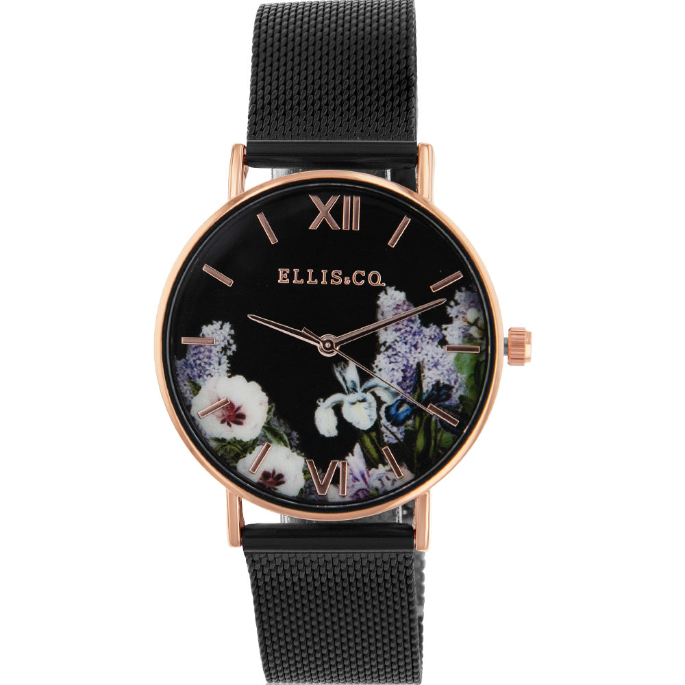 Ellis & Co Women's Floral Stainless Steel Black Mesh Bracelet Watch - 'Iris' Model