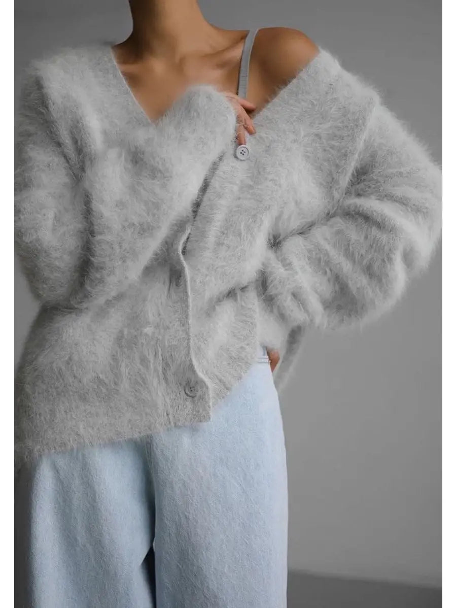 Fashionable Fuzzy Over - sized Front - Button Knitted Cardigan for Versatile Wear