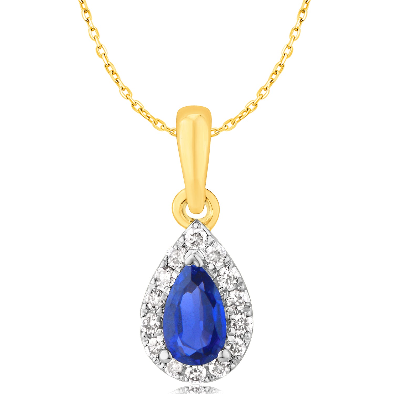 Exquisite 9ct Yellow Gold Pendant Featuring Diamonds And Lab - Created Pear - Shaped Sapphires