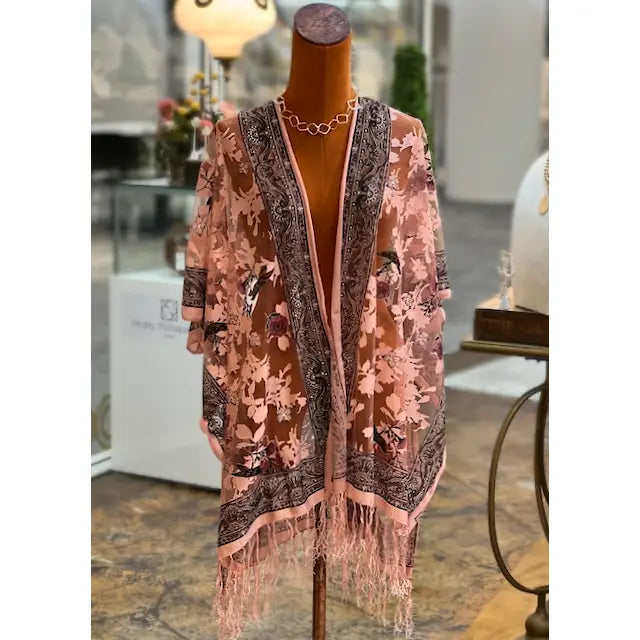 Elegant Flowery Day Kimono - Style Ruana for Beach Cover - up