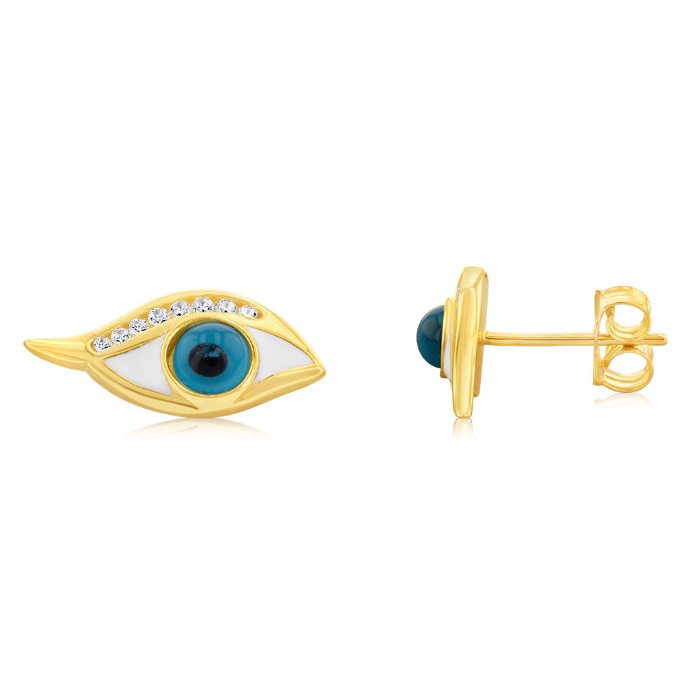 Stylish 9ct Yellow Gold Evil Eye Stud Earrings with Cubic Zirconia