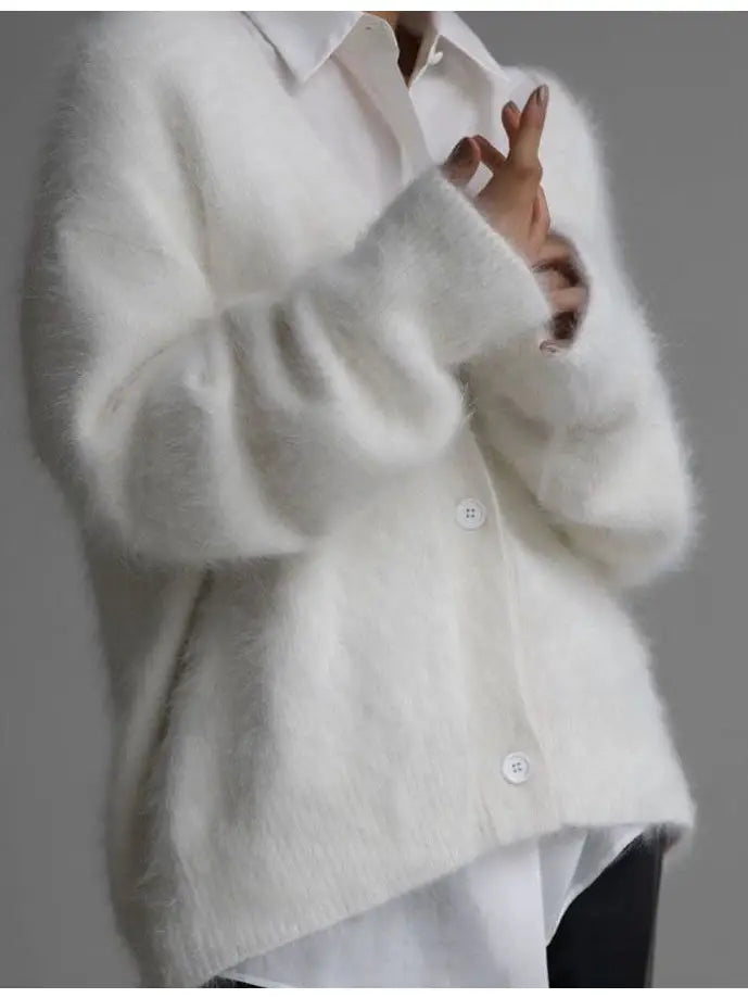 Fashionable Fuzzy Over - sized Front - Button Knitted Cardigan for Versatile Wear