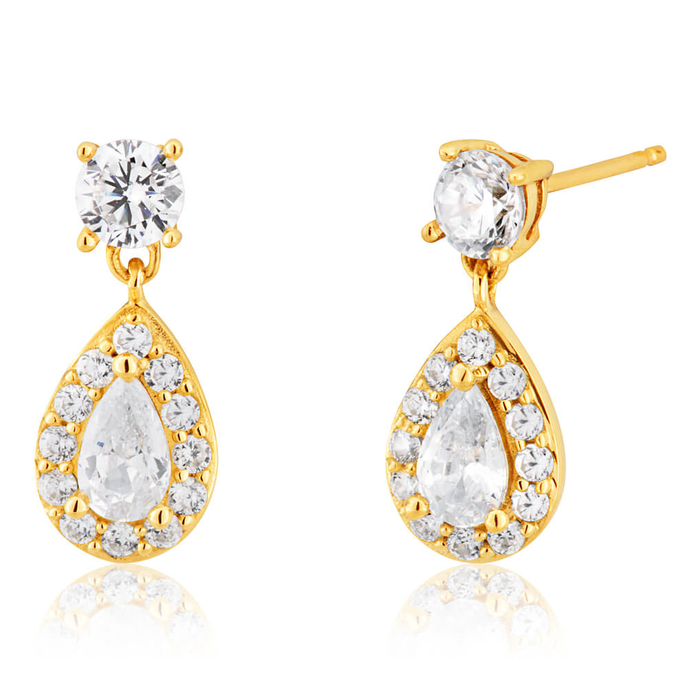 Exquisite 9ct Yellow Gold Stud Earrings with Cubic Zirconia Teardrop Design