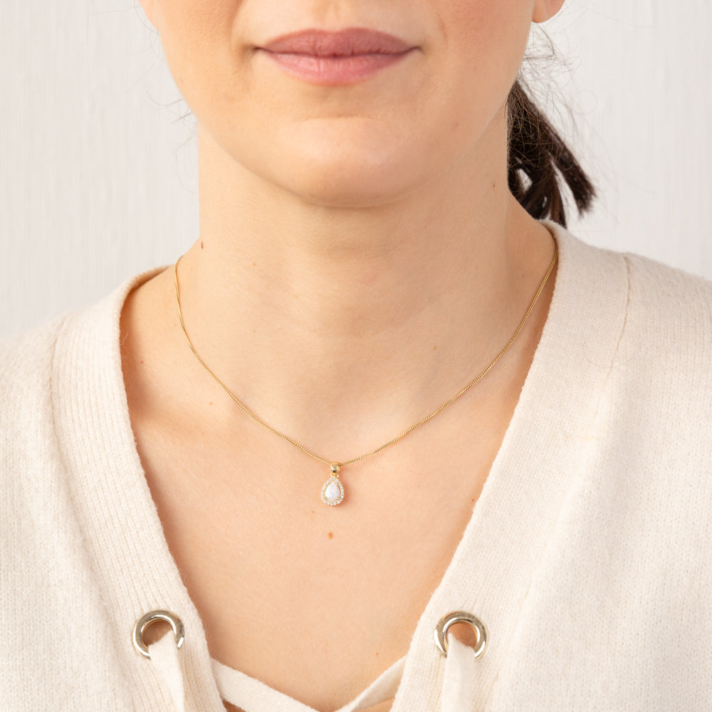 9ct Yellow Gold Pear-Shaped Opal and Cubic Zirconia Necklace Pendant for Women