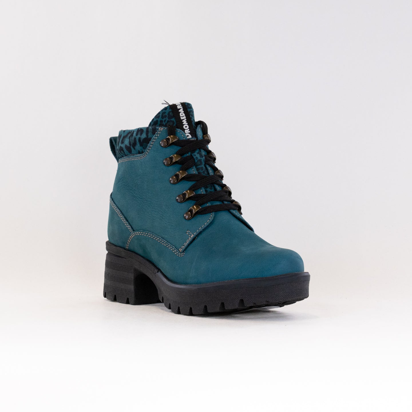 Dromedaris Women's Teal and Leopard Print Short Lace - Up Ankle Boots