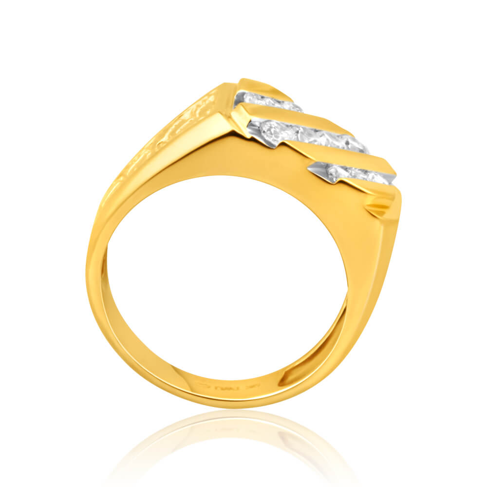 Gents' 9-Carat Yellow Gold Ring with Diagonal Row Channel-Set Cubic Zirconias for a Stunning Look