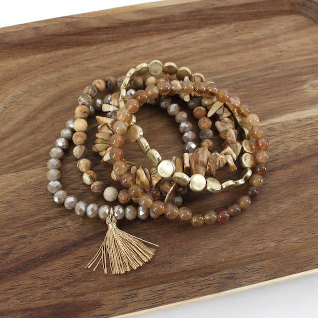 Stylish Five - Row Set of Stretch Bracelets Crafted from Stone and Glass Beads