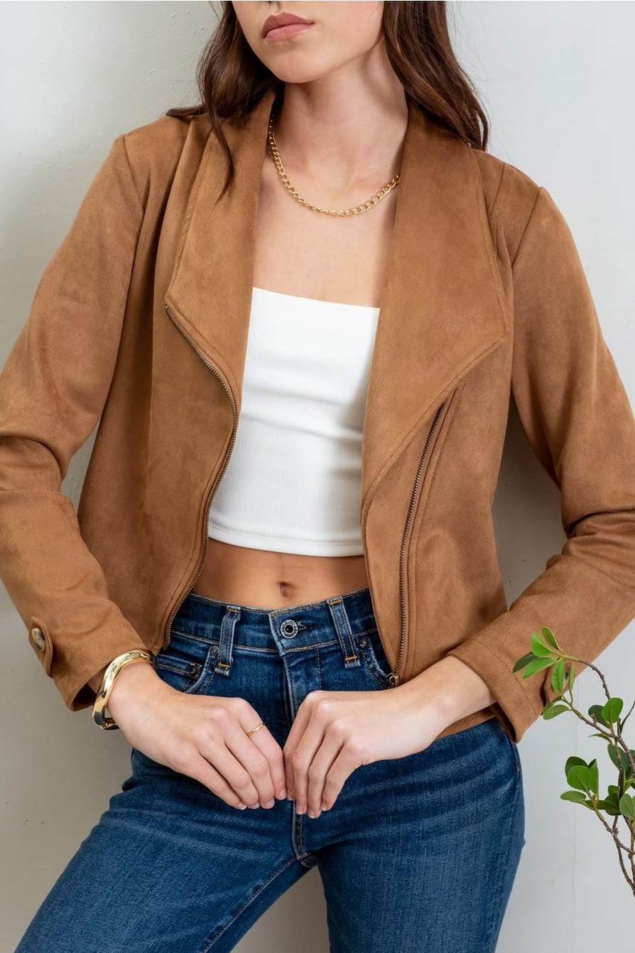 Fashionable Faux Suede Zip-Up Motorcycle-Style Moto Jacket for Trendy Look