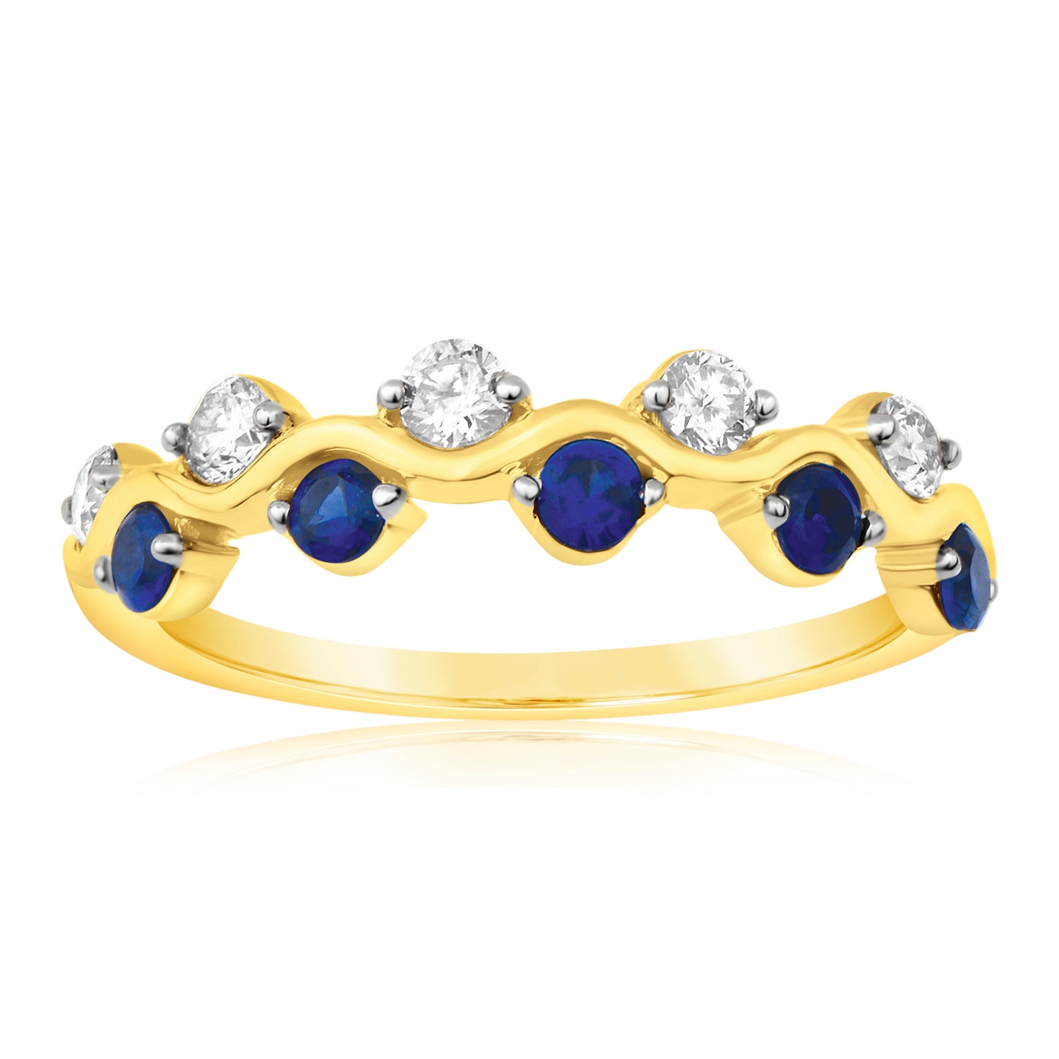 Stylish 9ct Yellow Gold Ring with Diamonds and Created Sapphires