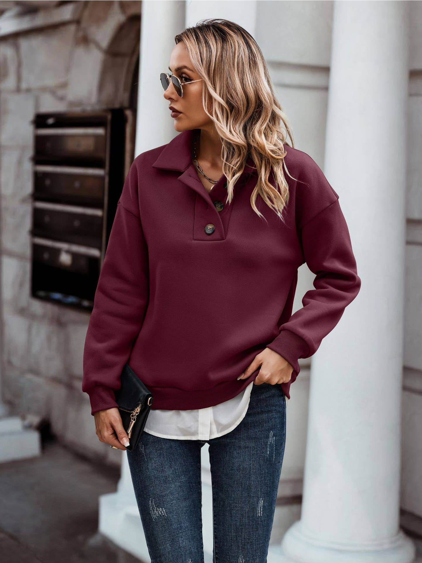 Stylish Collared Button-up Henley Casual Sweatshirt