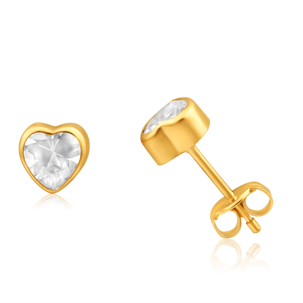 9ct Yellow Gold 5mm Cubic Zirconia Heart - Shaped Stud Earrings for Daily Wear