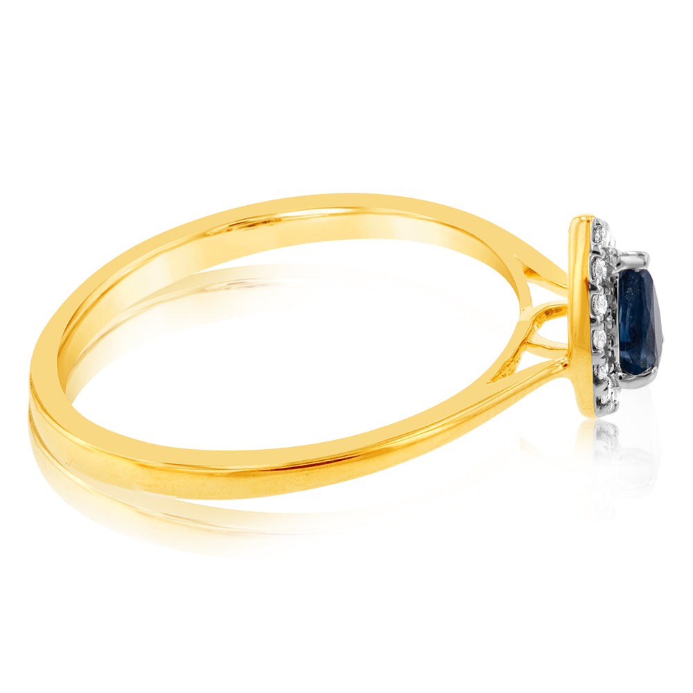 Exquisite 9ct Yellow Gold Ring with Diamonds and Pear - shaped Sapphires