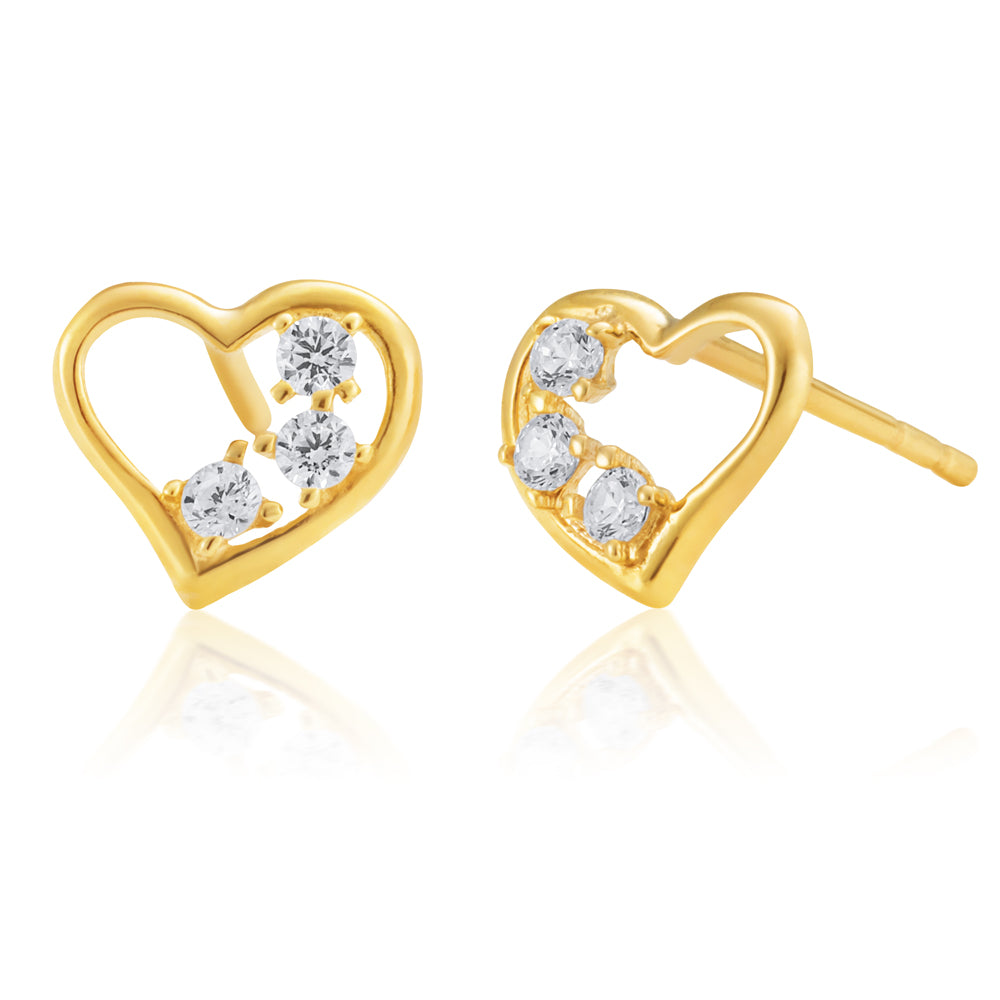 9ct Yellow Gold Heart Stud Earrings Embellished with Cubic Zirconia Sparkle