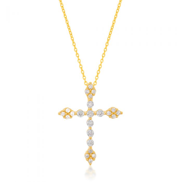 9ct Yellow Gold Diamond Cross Necklace with 23 Diamonds and Chain