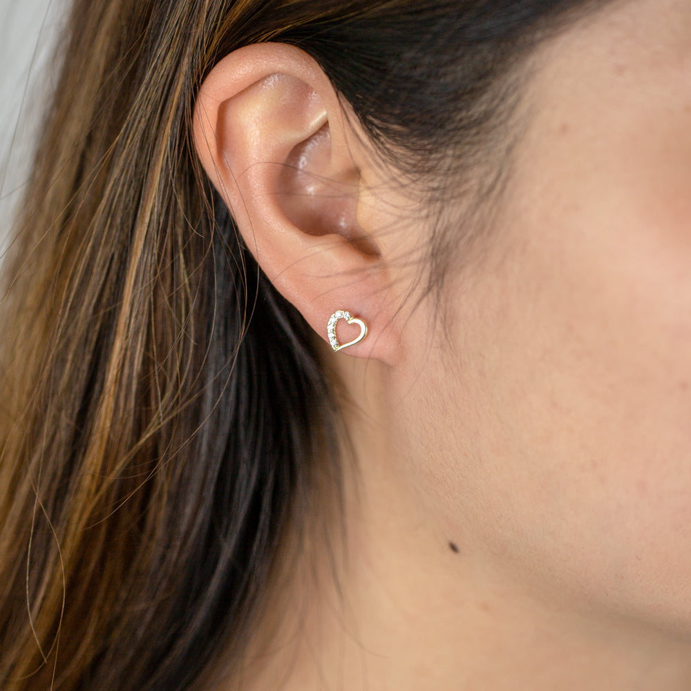 9ct Yellow Gold Cubic Zirconia Stud Earrings in Open Heart Design