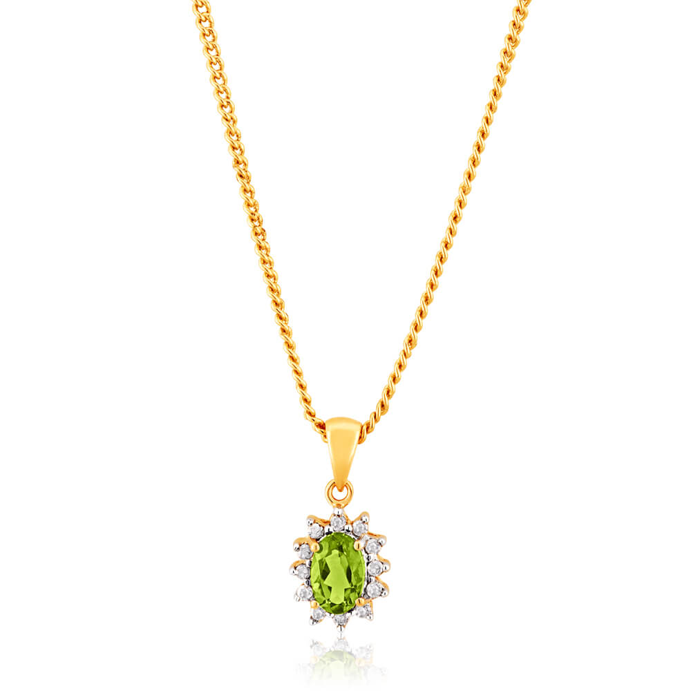 Stunning 9-Carat Yellow Gold Diamond and Peridot Jewelry Pendant