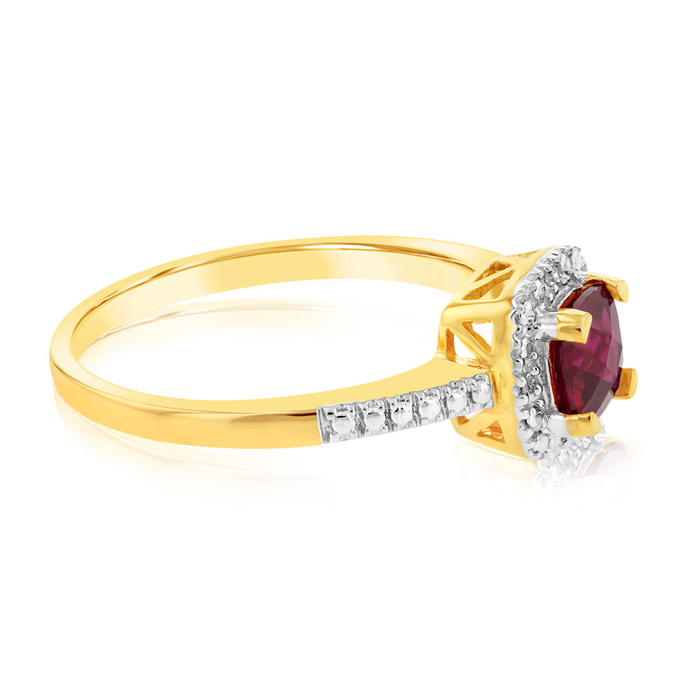 Exquisite 9ct Yellow Gold Ring with Cushion Cut Halo of Diamonds and Created Ruby