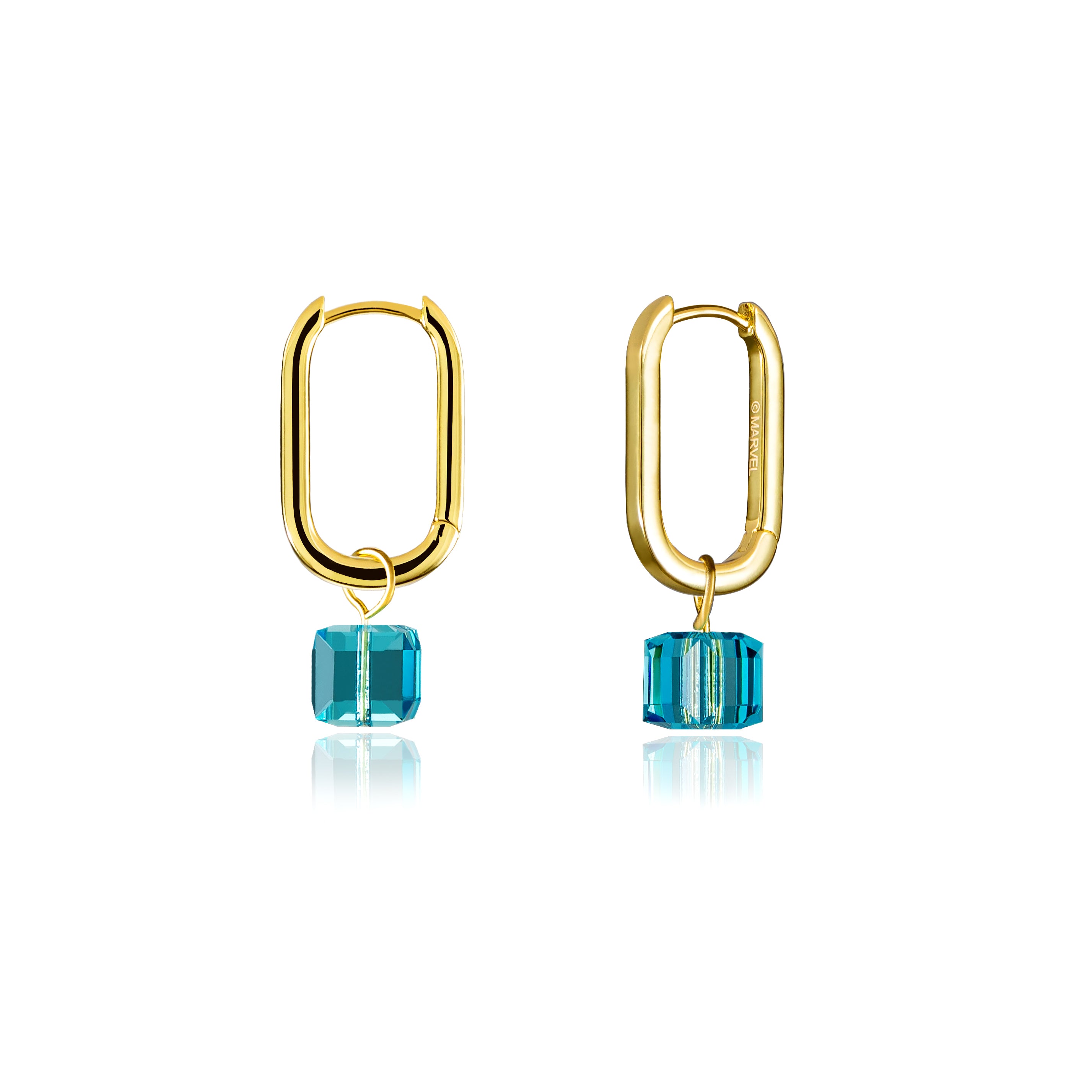 Disney Branded 14ct Gold Plated Stainless Steel Tesseract-Styled Blue Crystal Drop Earrings for Fashion Lovers