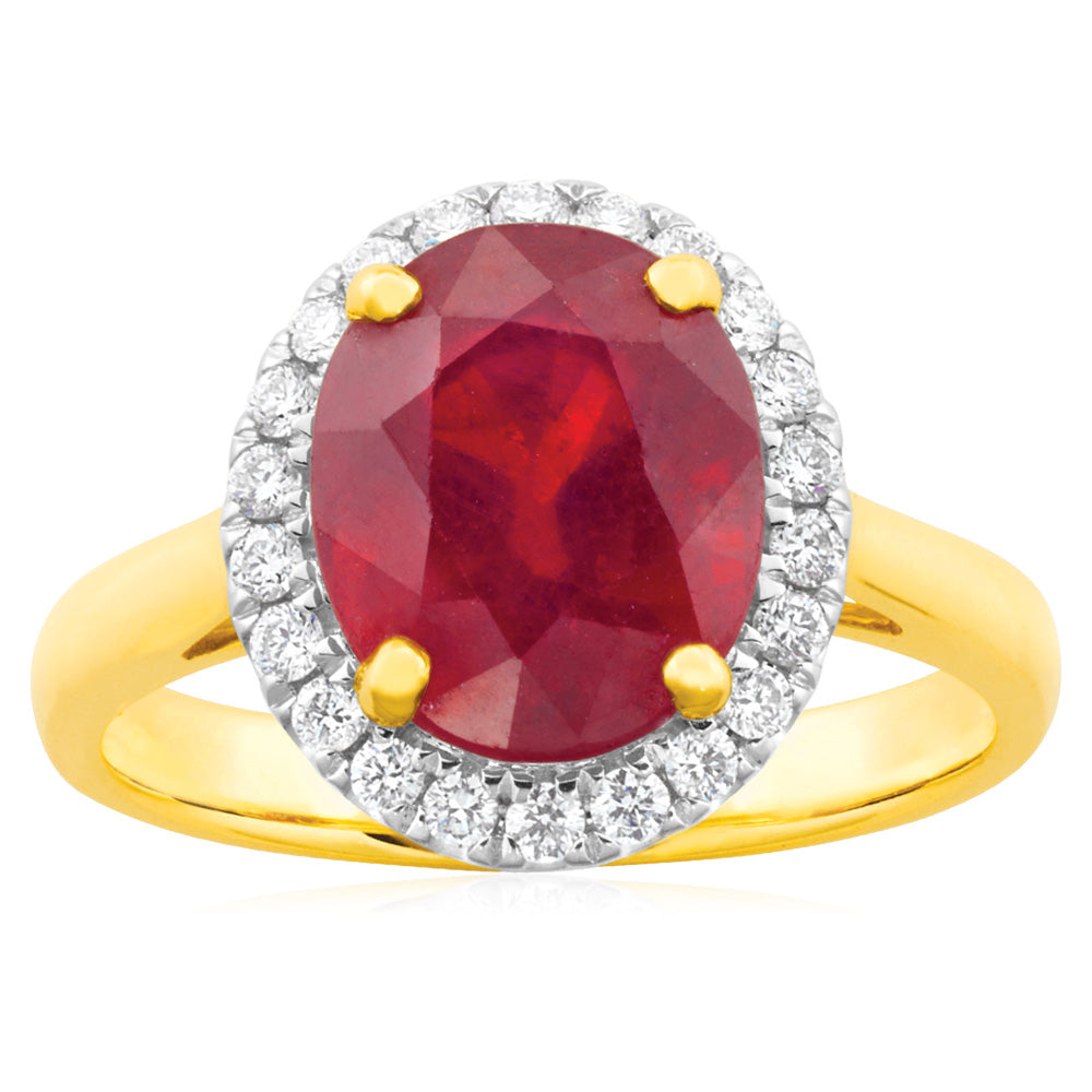 9ct Yellow Gold Ring with 4.3ct Heat - Treated Natural Ruby and 1/4 Carat Diamonds