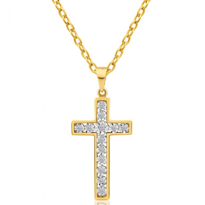 Stunning 9ct Yellow Gold Diamond-Embedded Cross Pendant
