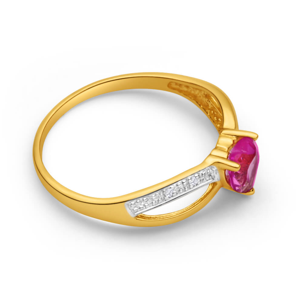 Stunning 9 Carat Yellow Gold Ring with Sparkling Diamonds and Lab - Created Pink Sapphire