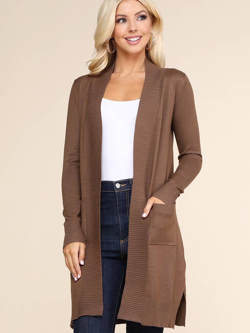 Cozy Long Sleeve Front-Open Cardigan with Convenient Side Pockets