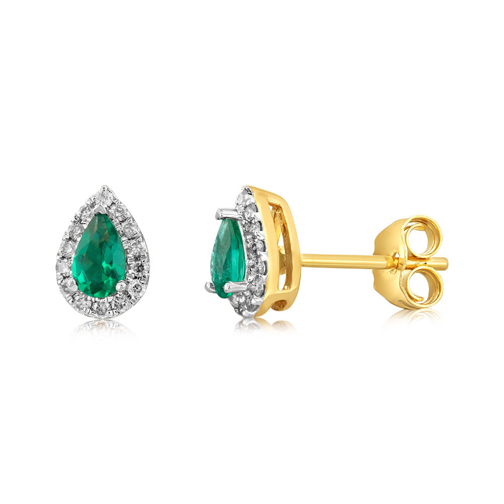 Stunning 9ct Yellow Gold Stud Earrings with Diamonds and Lab - Created Pear - shaped Emeralds