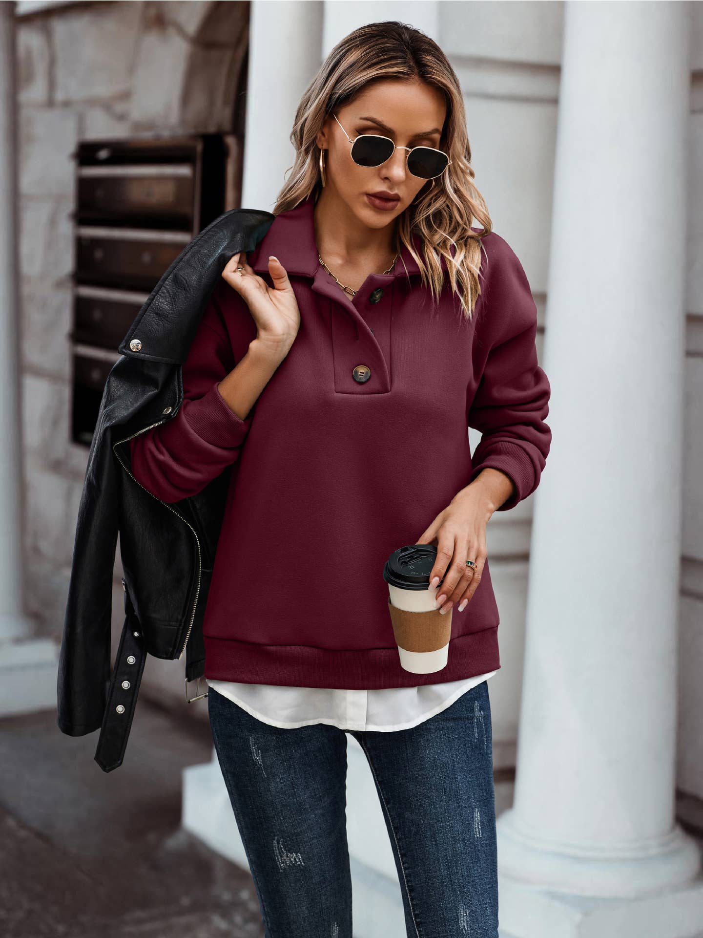 Stylish Collared Button-up Henley Casual Sweatshirt