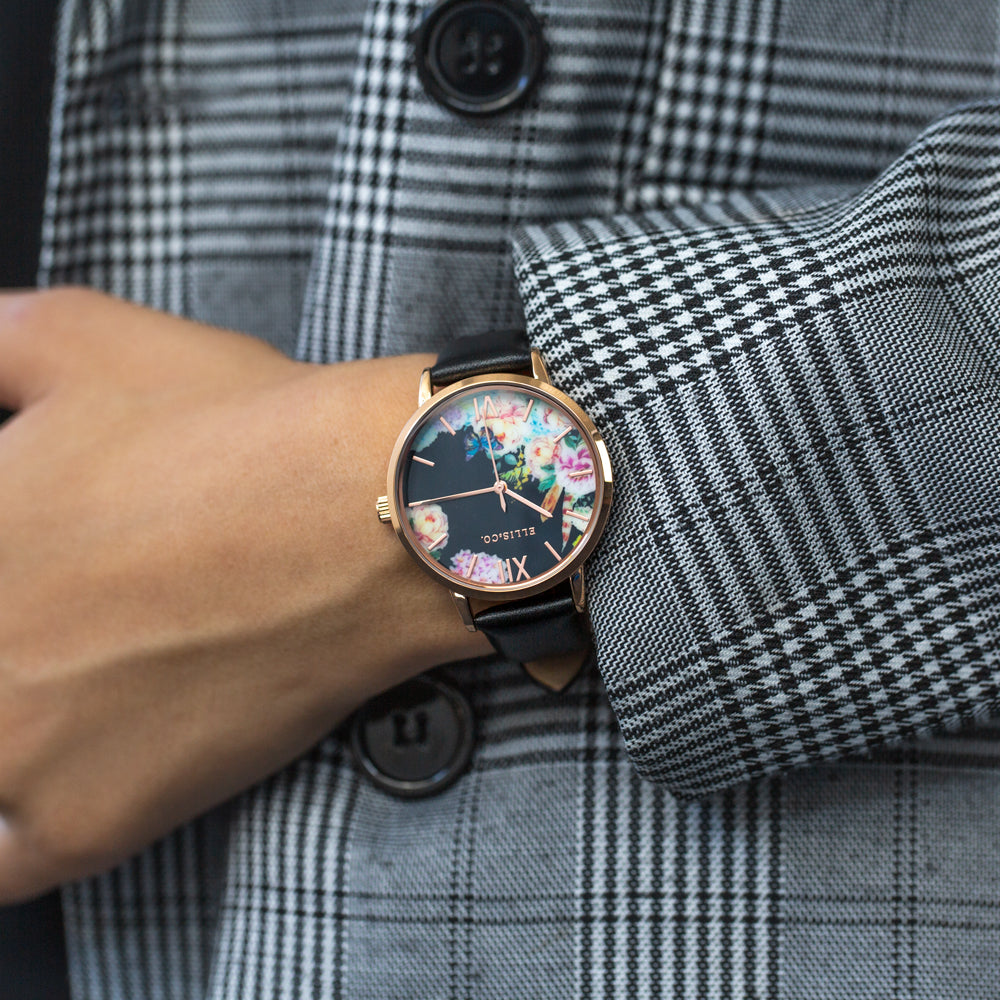 Ellis & Co Elegant 'Bloom' Rose Gold Watch with Floral Dial