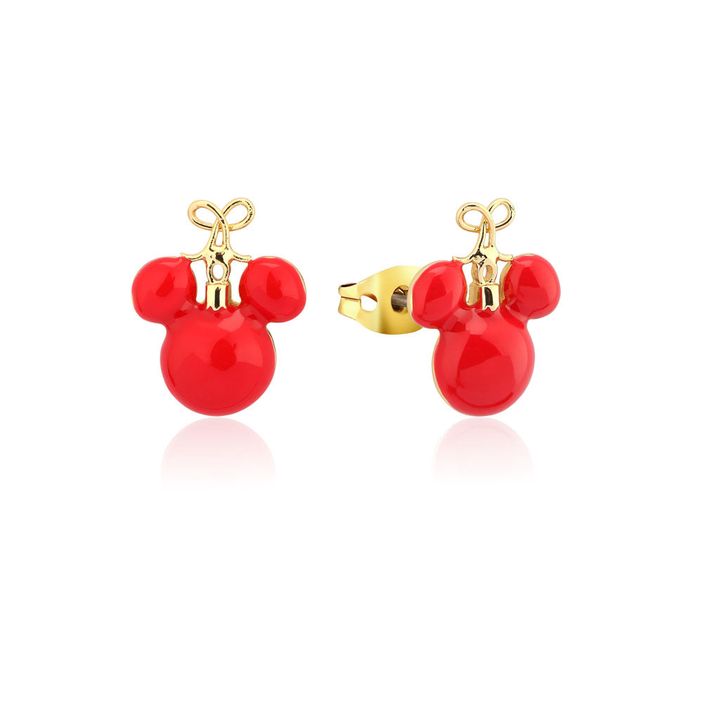 Gold Plated Disney Mickey Christmas Red Bauble Stud Earrings