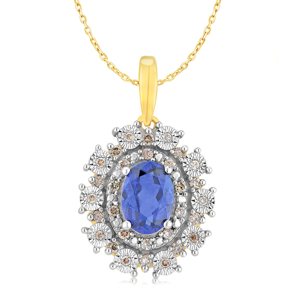 Stunning 9ct Yellow Gold Pendant with Diamonds and Created Oval Sapphires