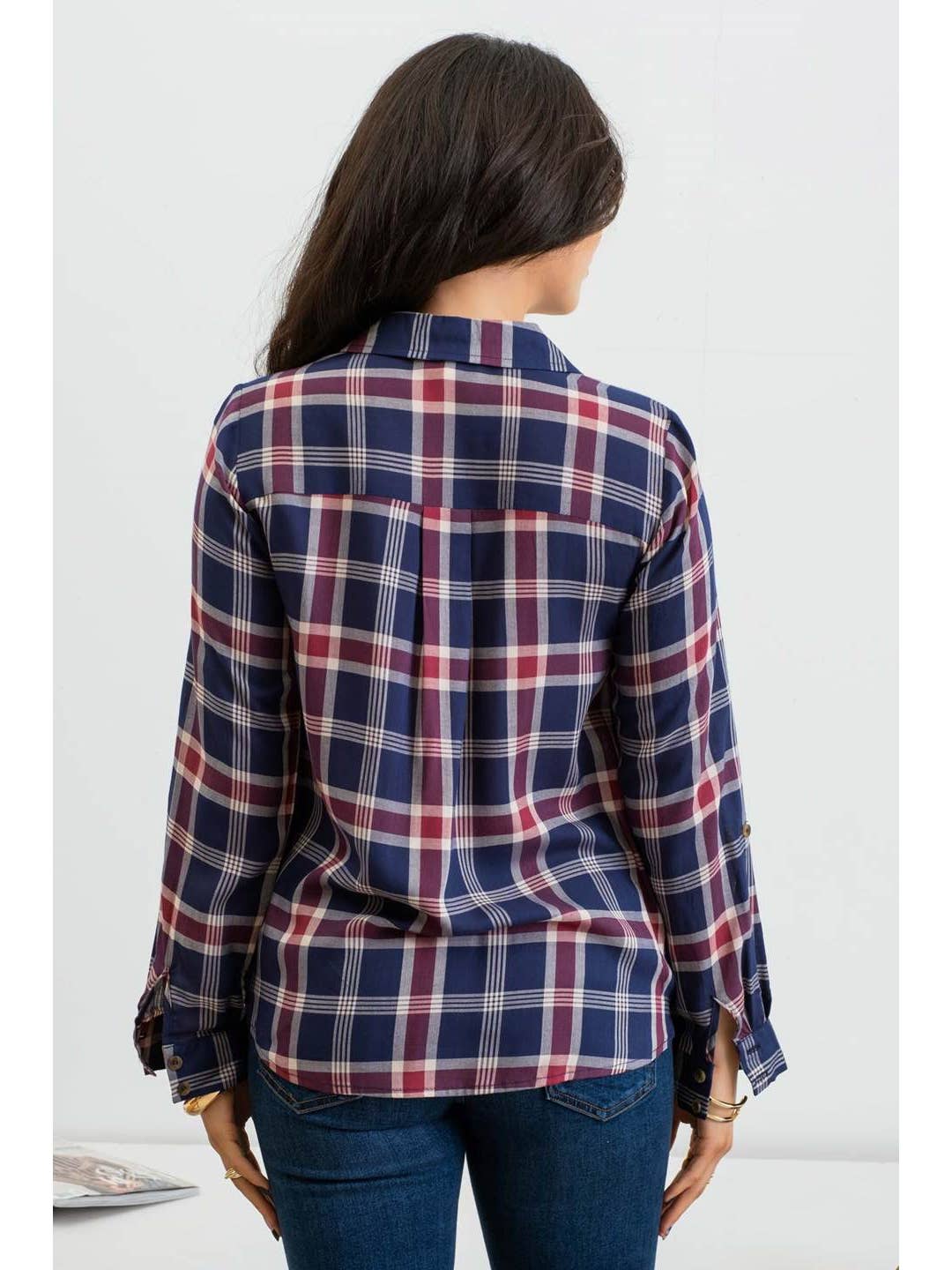 Stylish Plaid Pattern Button Down Wrap Front Women's Top