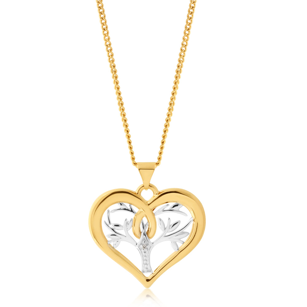 Stunning 9ct Yellow Gold Heart Pendant with a Brilliant Cut Diamond and Tree of Life Design