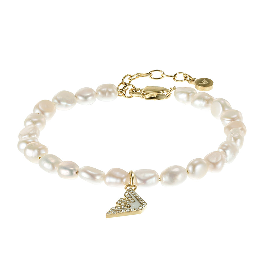 Emporio Armani Sentimental Logo Gold Plated Stainless Steel Bracelet with White Beads