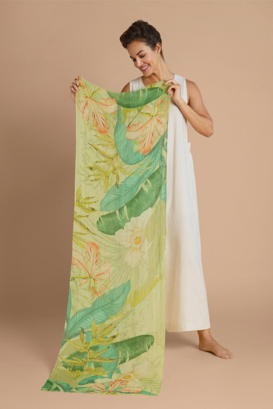 Stylish 100% Linen Sage Scarf with Delicate Tropical Patterns