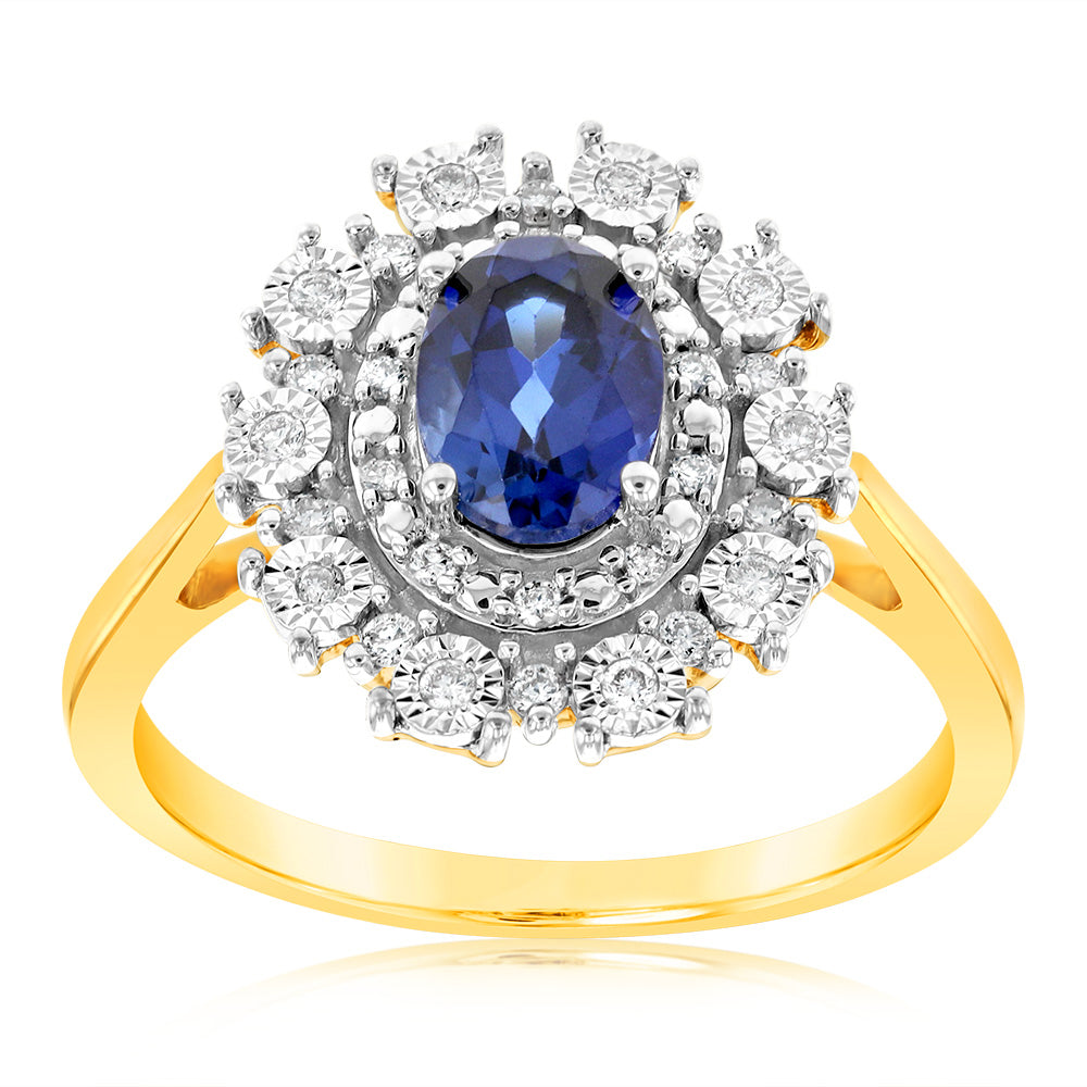 Exquisite 9ct Yellow Gold Ring with Diamonds and Lab - Created Sapphires