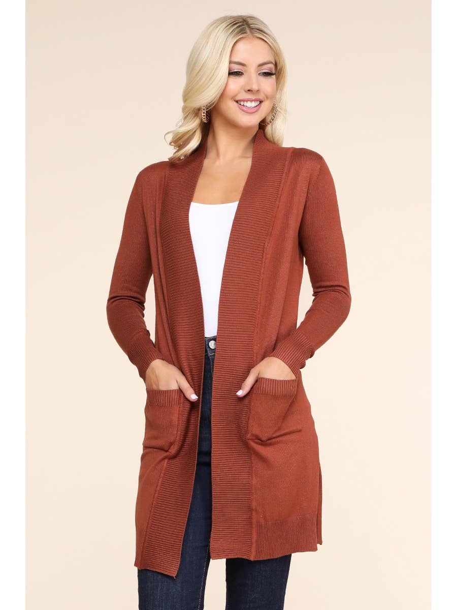 Cozy Long Sleeve Front-Open Cardigan with Convenient Side Pockets