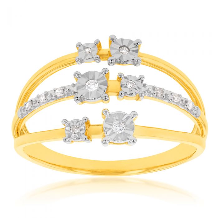 Exquisite 9-Carat Yellow Gold Women's Diamond Ring Adorned with 12 Brilliant Cut Diamonds