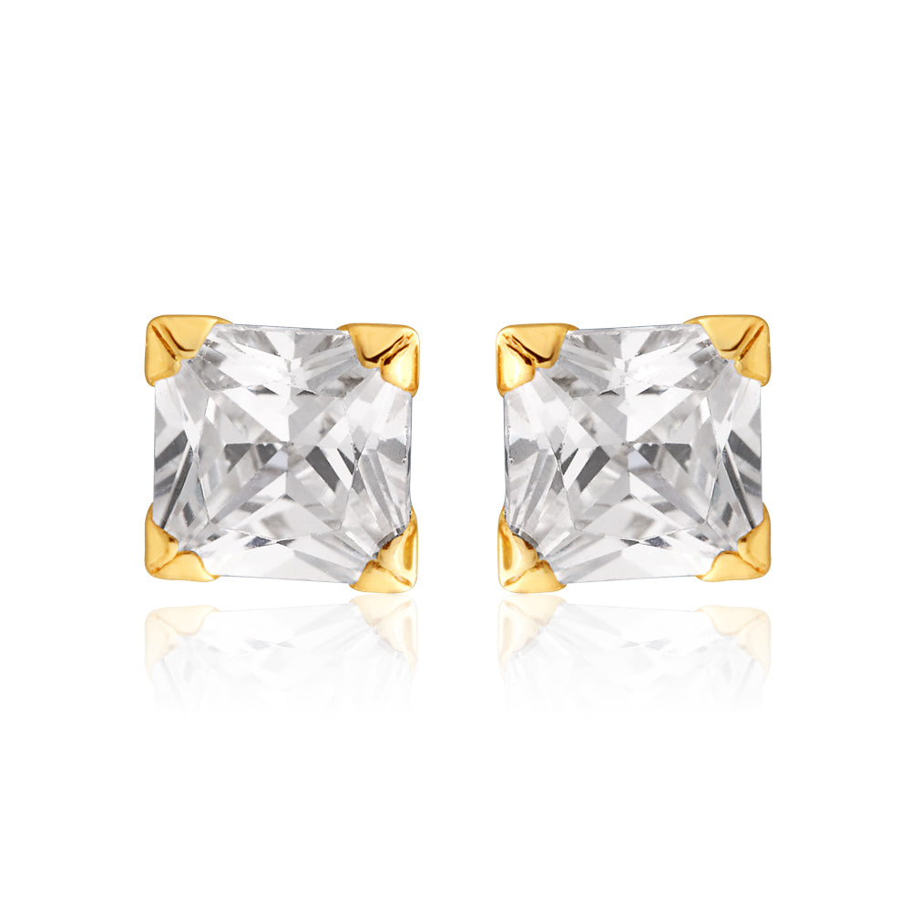 4mm Princess Style Stud Earrings Crafted from 9 Carat Yellow Gold with Cubic Zirconia Stones