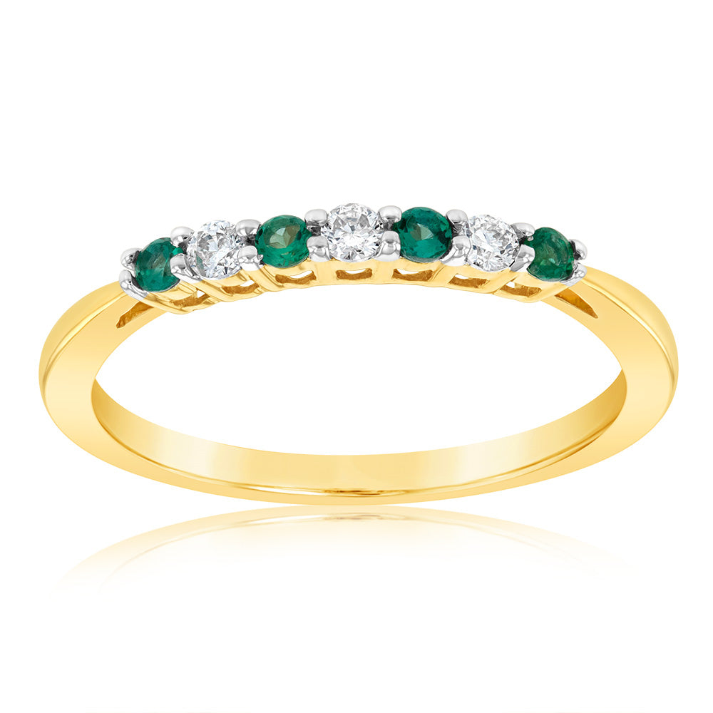 Stunning 9ct Yellow Gold Ring with Diamonds and Created Round Emeralds