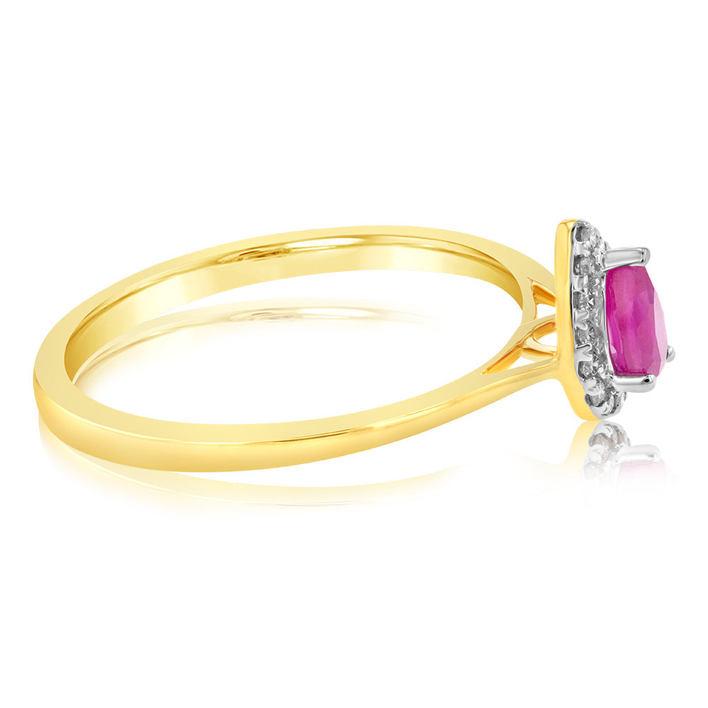 Exquisite 9ct Yellow Gold Ring with Diamonds and Created Pear Ruby