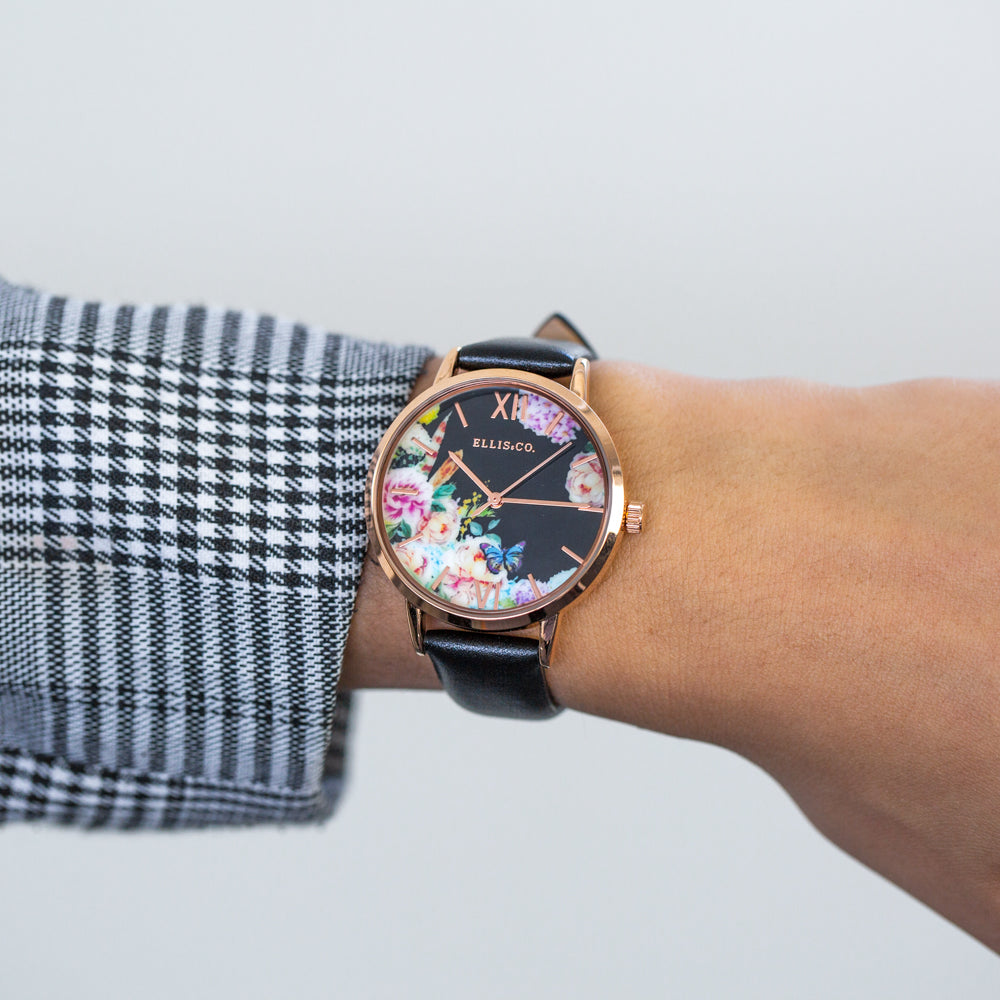 Ellis & Co Elegant 'Bloom' Rose Gold Watch with Floral Dial