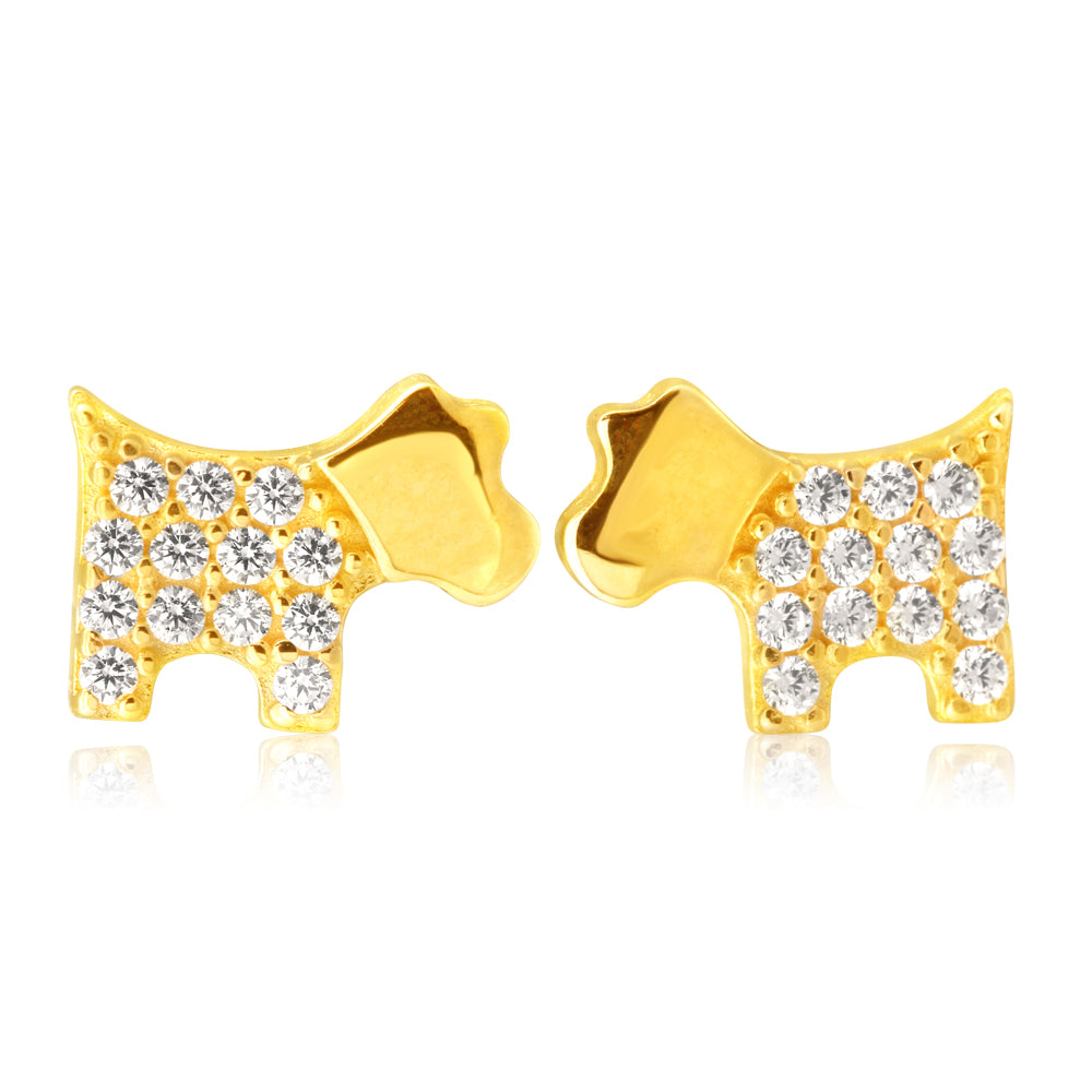 9ct Yellow Gold Dog Stud Earrings with Sparkling Cubic Zirconia