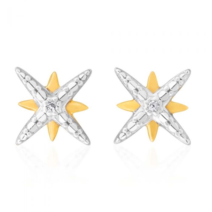 Exquisite 9ct Yellow Gold Stud Earrings Featuring a Starburst Design with Two Brilliant Diamonds