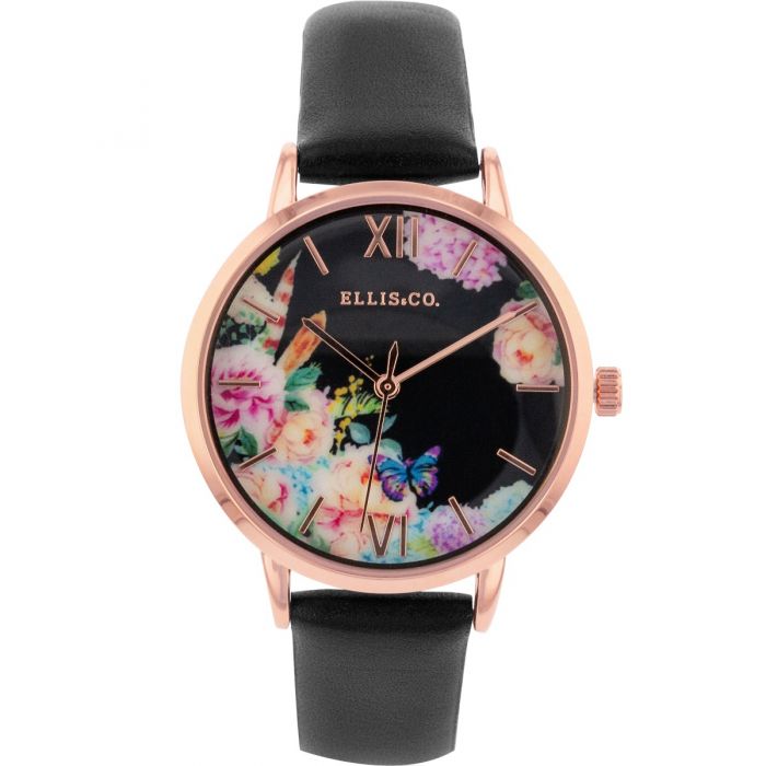 Ellis & Co Elegant 'Bloom' Rose Gold Watch with Floral Dial