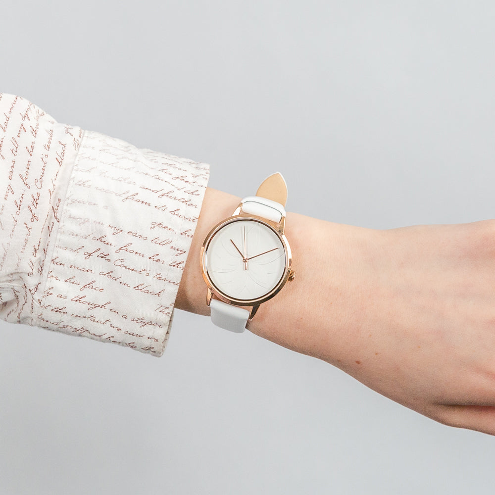 Ellis & Co Exquisite Pattern Dial White Leather Women's Wristwatch